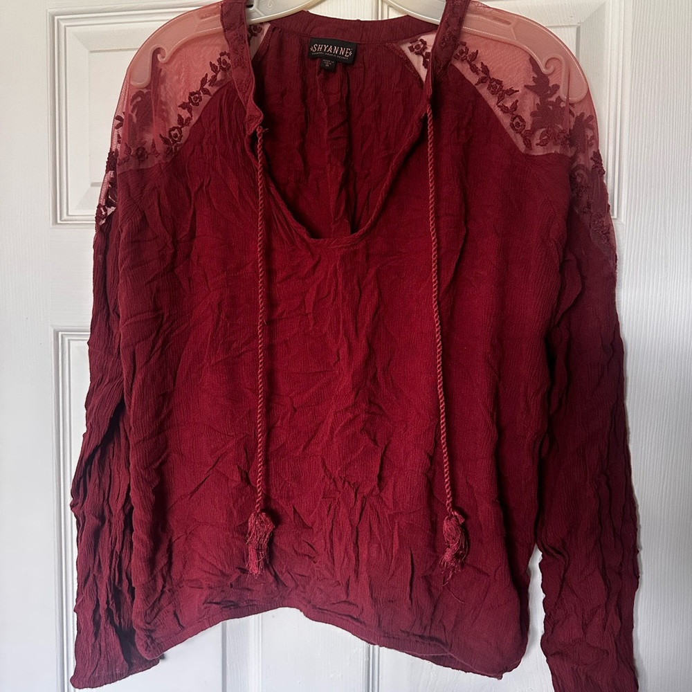 Shyanne Women's Wine Red Embroidered Sheer Shoulder Peasant Hoodie